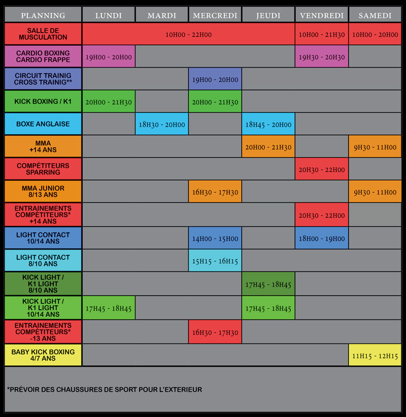 Planning des cours des disciplines - Saison 2025 - 2026